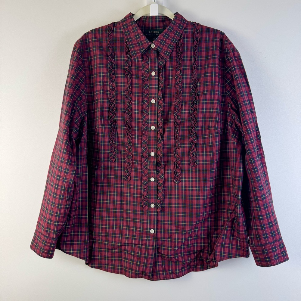 Ralph Lauren Shirt Womens 1X Button Front Down Ruffle Plaid Plus Preppy LRL Red